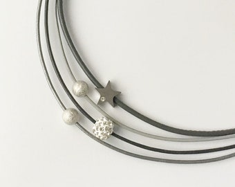 Chain leather necklace glitter ladies with star grey