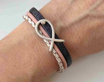 Armband leer met vis grijs roze - cadeau voor bevestiging, communie, doop