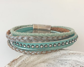 Armband Leder Glitzer mint grün grau