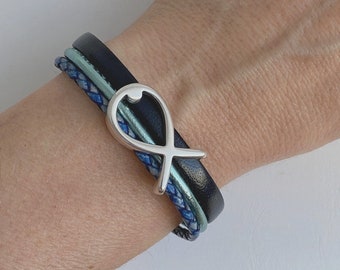 Leather bracelet with fish, navy mint, for Confirmation, Communion, Baptism