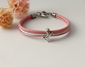 feines Armband Leder mit Einhorn Kinderarmband rosa