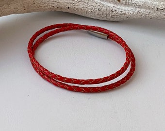 Wrap bracelet, braided leather, red