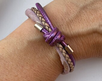 Leather bracelet with purple knots