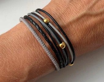 Nappa leather bracelet black gray gold