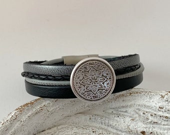 Armband Leder Mandala schwarz grau