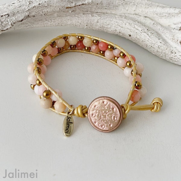 Perlen Armband Leder Pink Opal rosa gold
