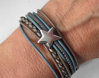 Armband Leder mit Stern hellblau taupe