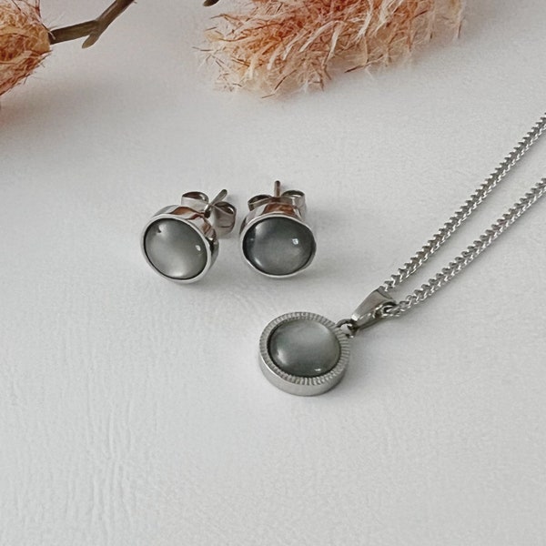 Schmuckset feine Kette und Ohrstecker mit Cabochon Anhänger grau Edelstahl