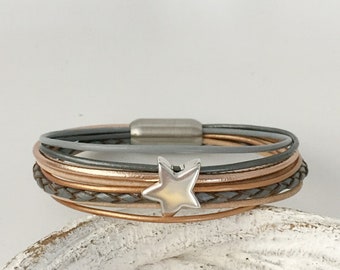 Armband Leder mit Stern grau beige