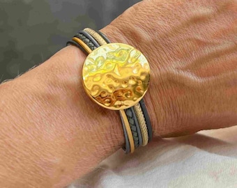 Armband Leder mit gehämmerter Scheibe gold anthrazit