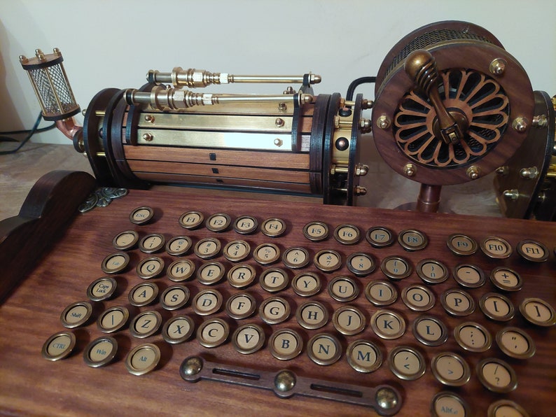 Set of steampunk neo-victorian, antique look keyboard with pencase, clock, lights and wristrest image 7