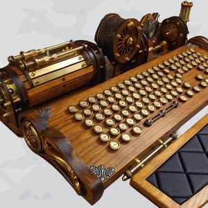 Set of steampunk (neo-victorian, antique look) keyboard with pencase, clock, lights and wristrest