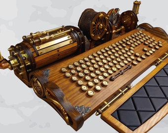 Set of steampunk (neo-victorian, antique look) keyboard with pencase, clock, lights and wristrest