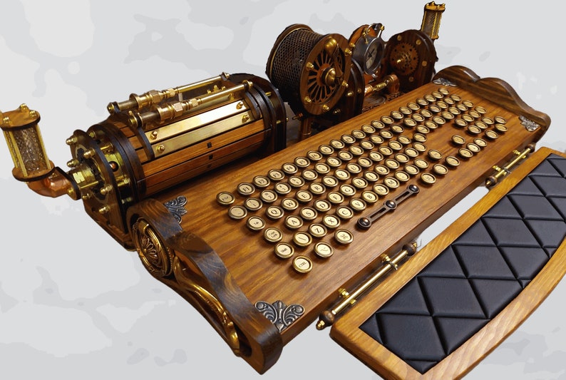 Set of steampunk neo-victorian, antique look keyboard with pencase, clock, lights and wristrest image 1