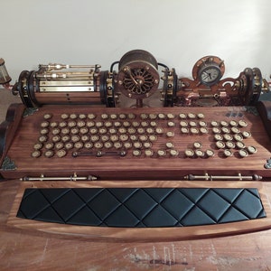 Set of steampunk neo-victorian, antique look keyboard with pencase, clock, lights and wristrest image 3