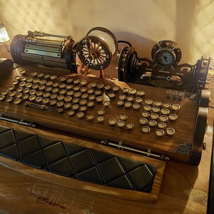 Set of steampunk neo-victorian, antique look keyboard with pencase, clock, lights and wristrest image 4