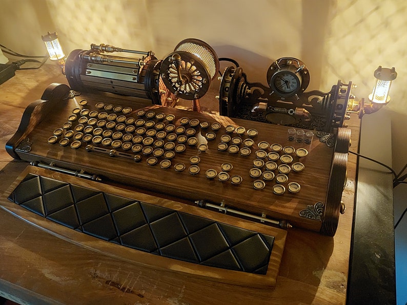 Set of steampunk neo-victorian, antique look keyboard with pencase, clock, lights and wristrest image 4