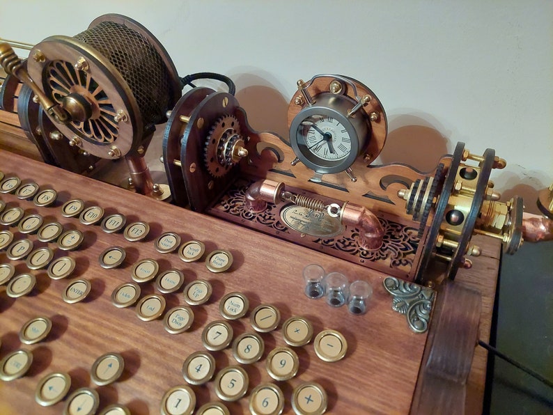 Set of steampunk neo-victorian, antique look keyboard with pencase, clock, lights and wristrest image 5