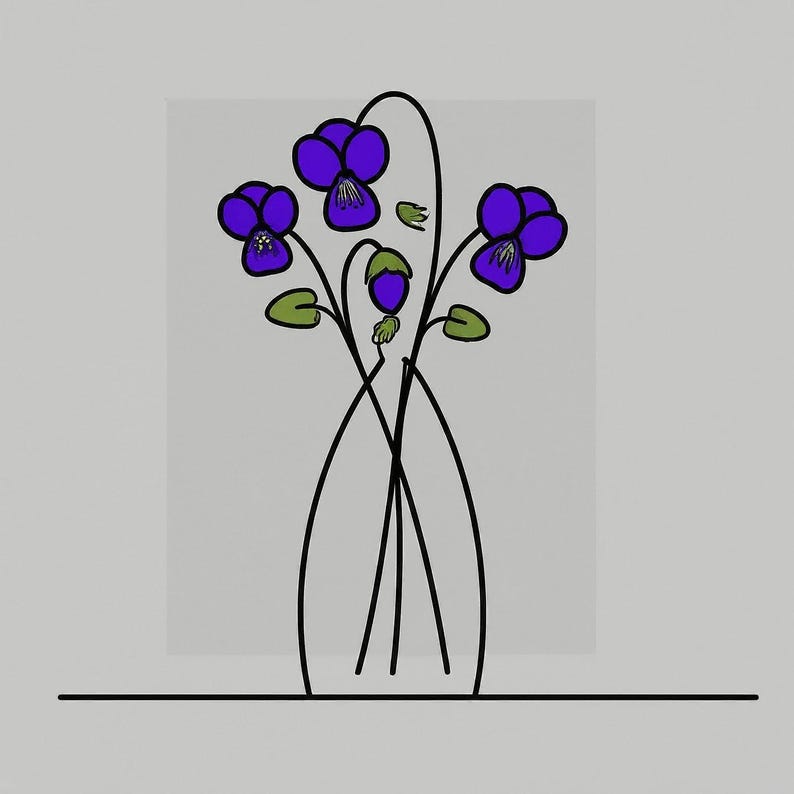 Puede incluir: Un dibujo de l&iacute;nea simple de un ramo de flores moradas en un jarr&oacute;n. Las flores tienen un dise&ntilde;o simple y estilizado y est&aacute;n dispuestas en un jarr&oacute;n con un contorno negro delgado.