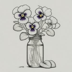 Puede incluir: Un dibujo en blanco y negro de un ramo de pensamientos morados y blancos en un frasco de vidrio transparente con tapa de metal.