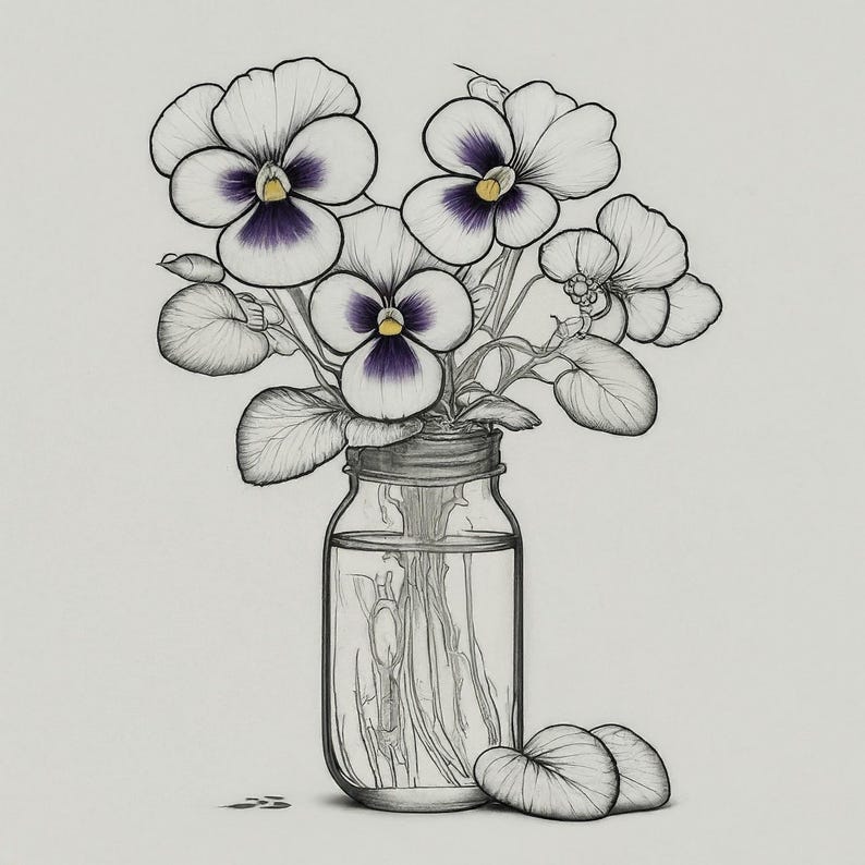 Puede incluir: Un dibujo en blanco y negro de un ramo de pensamientos morados y blancos en un frasco de vidrio transparente con tapa de metal.
