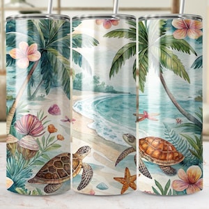 Tropical Turtle Tumbler PNG, Summer Beach Wrap for 20oz Tumbler, Ocean Palm Sublimation Design, Instant Digital Download