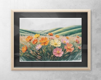 Impresión en lienzo de un campo de flores silvestres: Arte mural floral amarillo y rosa (descarga digital)