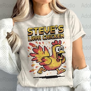 Steve&#39;s Lava Chicken T-Shirt, Funny Chicken Tee, Pixel Art T-Shirt, Sublimation T-Shirt, Quirky Animal Shirt, Cool Graphic T-Shirt