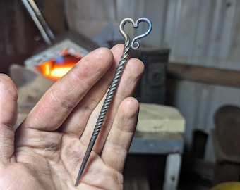 Hand forged heart hair pin hand made by blacksmith.