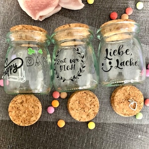3er Set Geschenkgläser mit Sprüchen, Glückslos, Glücksanhänger und individuellem Gutschein zum selbst beschreiben in der Box