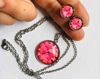 SET chain + stud earrings in stainless steel pink watch