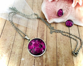 SET necklace stainless steel with pendant 25 mm + ear studs 12 mm in stainless steel, motif flower pink or green