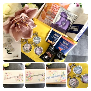 Könnte beinhalten: Eine gelbe Geschenkbox mit verschiedenen Artikeln, darunter eine Augenmaske, Teebeutel und Pralinen. Schlüsselanhänger mit inspirierenden Zitaten sind ebenfalls vorhanden. Eine große rosa Blume und eine kleine Schachtel mit floralen Designs sind ebenfalls sichtbar.