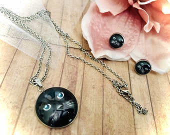 Jewellery set in stainless steel with black cat chain + matching stud earrings