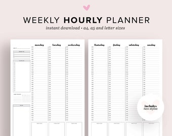 May include: A black and white printable weekly hourly planner with a simple design. The planner includes sections for Monday through Sunday, with hourly time slots from 6:00 AM to 10:00 PM. The planner also includes a to-do list, habit tracker, and notes section. The planner is available in A4, A5, and letter sizes.