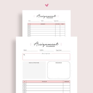 以下が含まれることがあります： 科目、締め切り、説明、アイデアと構造、リソース、やることリスト、締め切りなどのセクションがある、印刷可能な課題プランナーとトラッカー。プランナーはピンクとブラックのカラーテーマです。