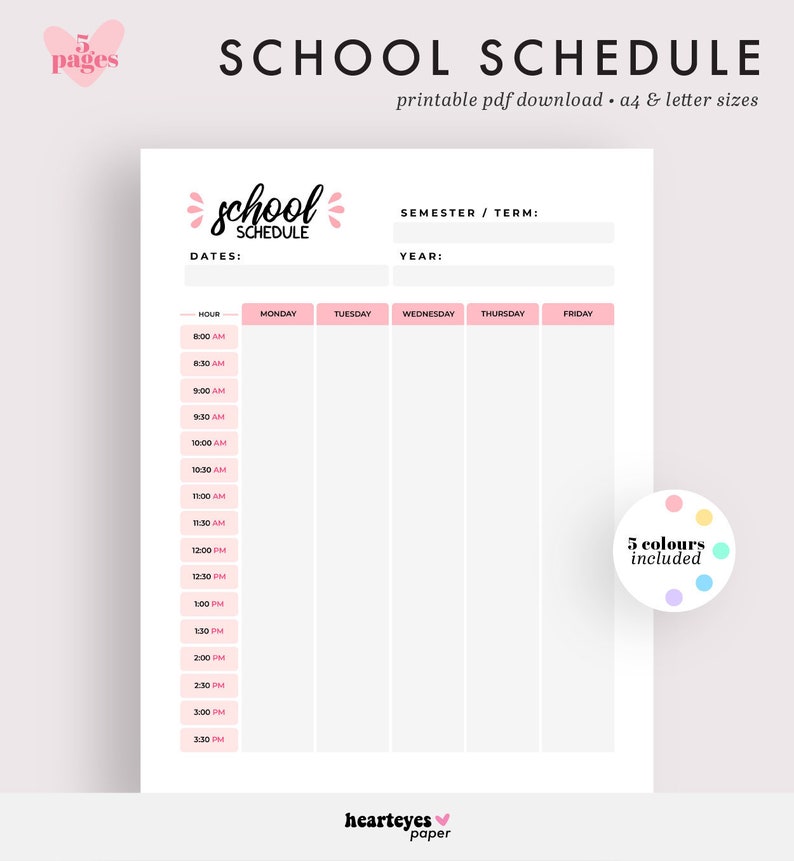 Puede incluir: Plantilla de horario escolar imprimible con un esquema de color rosa y blanco. La plantilla incluye una secci&oacute;n para fechas, semestre o trimestre, a&ntilde;o y un horario semanal de 8:00 AM a 3:30 PM. El texto "horario escolar" est&aacute; escrito en una fuente cursiva rosa.