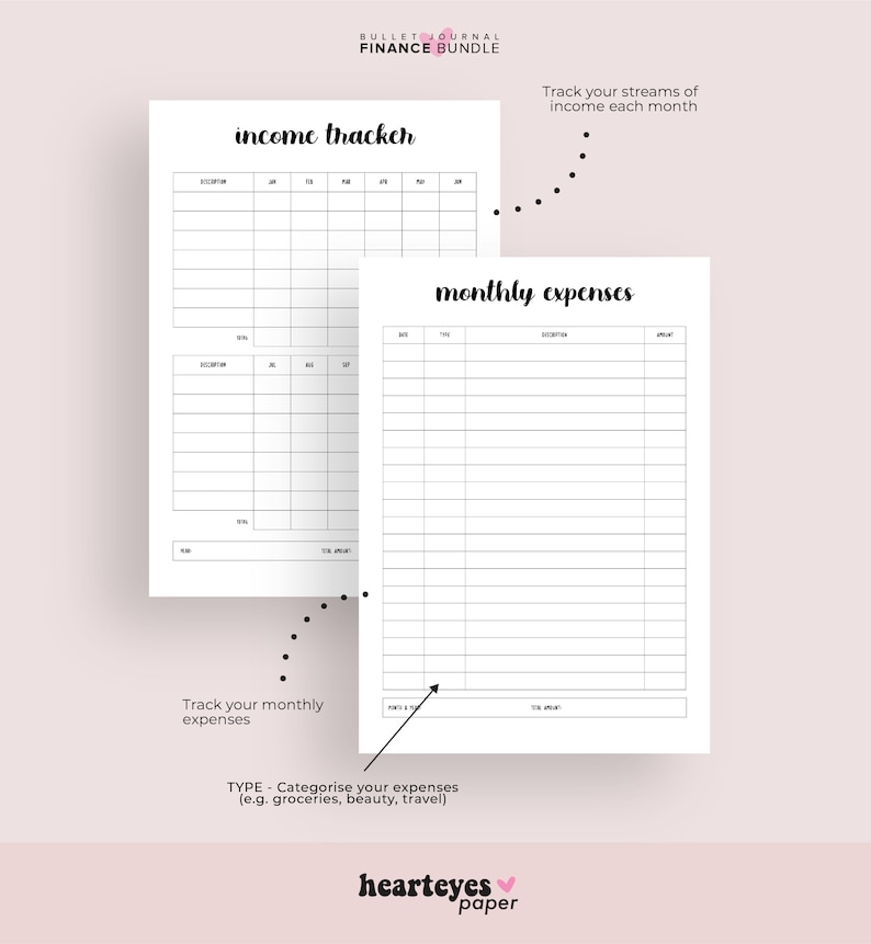 May include: Black and white printable bullet journal pages for tracking income and expenses. The pages are labeled "income tracker" and "monthly expenses".