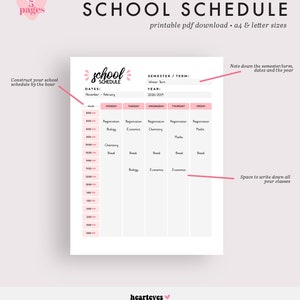 Puede incluir: Una plantilla de horario escolar imprimible con un esquema de color rosa y blanco. La plantilla incluye una secci&oacute;n para el semestre/trimestre, el a&ntilde;o y un horario semanal con intervalos de tiempo por hora. El texto "horario escolar" est&aacute; escrito en una fuente rosa y blanca en la parte superior de la p&aacute;gina.