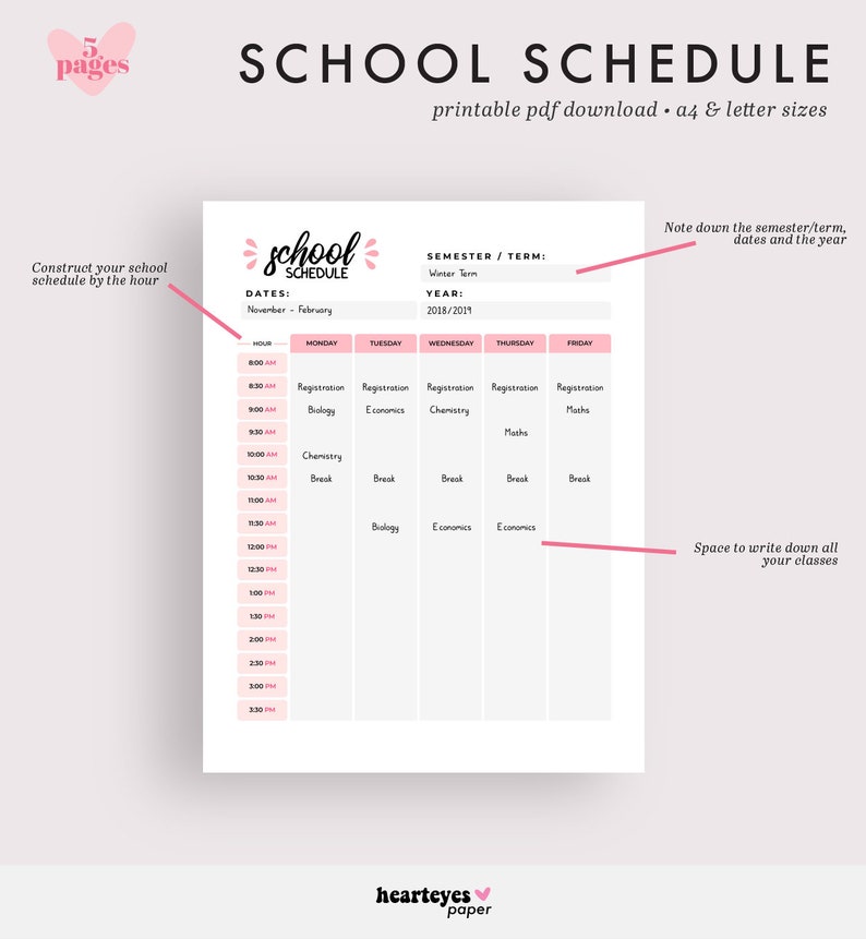 Puede incluir: Una plantilla de horario escolar imprimible con un esquema de color rosa y blanco. La plantilla incluye una secci&oacute;n para el semestre/trimestre, el a&ntilde;o y un horario semanal con intervalos de tiempo por hora. El texto "horario escolar" est&aacute; escrito en una fuente rosa y blanca en la parte superior de la p&aacute;gina.