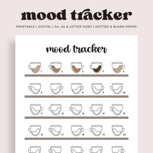 May include: A printable mood tracker with 20 coffee cups, each with a different level of fullness, representing a mood scale from 1 to 5. The cups are arranged in four rows of five cups each. The text "mood tracker" is at the top of the page.