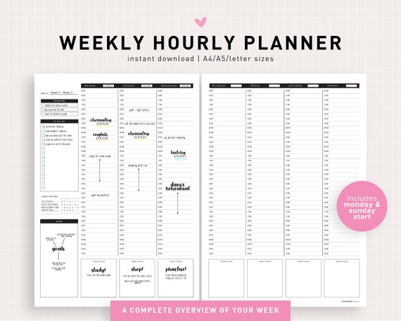 weekly hourly planner printable weekly schedule printable etsy