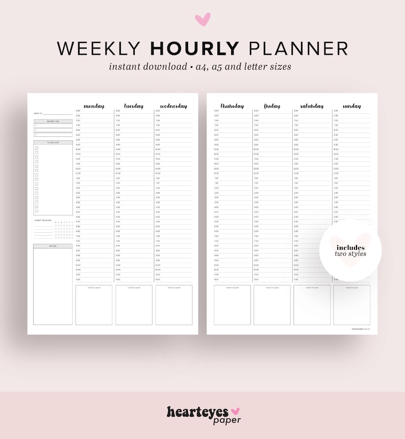 weekly hourly planner printable weekly schedule daily etsy
