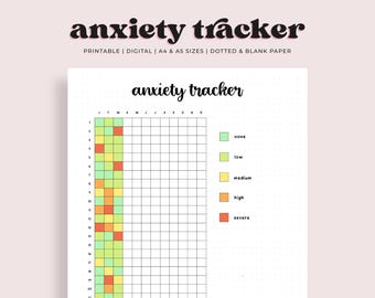 May include: Printable anxiety tracker with a grid for each month of the year. The grid is color-coded to indicate severity levels: none, low, medium, high, and severe.