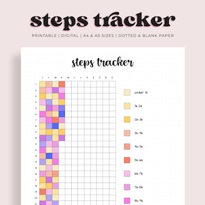 May include: A printable steps tracker with a grid for each month of the year. The grid is color-coded to indicate the number of steps taken, with different colors representing different step ranges. The ranges are: under 1k, 1k-2k, 2k-3k, 3k-4k, 4k-5k, 5k-6k, 6k-7k, 7k-8k, and 8k-9k.