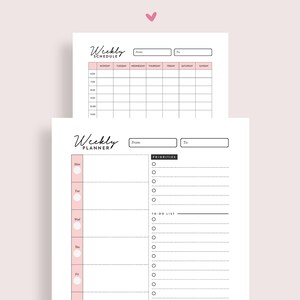 May include: A printable weekly planner with a schedule grid and a to-do list section. The planner has a pink and black colour scheme.