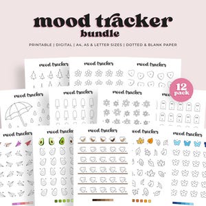 May include: A set of 12 printable mood tracker sheets with different themes, including trees, flowers, hearts, umbrellas, popsicles, snowflakes, ghosts, avocados, coffee cups, leaves, and butterflies. The sheets are designed for use with dotted or blank paper.