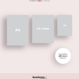 May include: A graphic showing three different sizes of printable paper: A4, US Letter, and A5. The text 'includes all sizes above' is in a circle below the paper sizes.