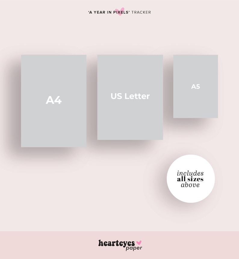 May include: A graphic showing three different sizes of printable paper: A4, US Letter, and A5. The text 'includes all sizes above' is in a circle below the paper sizes.
