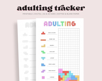 May include: Printable adulting tracker with a pixelated design. The tracker includes tasks such as waking up early, making the bed, doing laundry, exercising, cooking, drinking water, saving money, and cleaning. The tracker is designed to be used with a pen or pencil to mark off completed tasks.